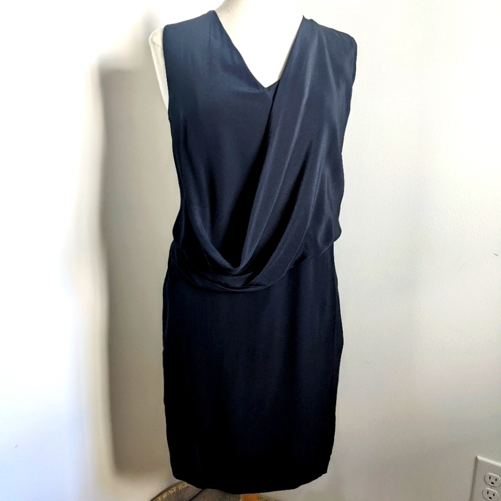 BLACK Silk Draped Wrap Midi Dress S Katherine Barclay